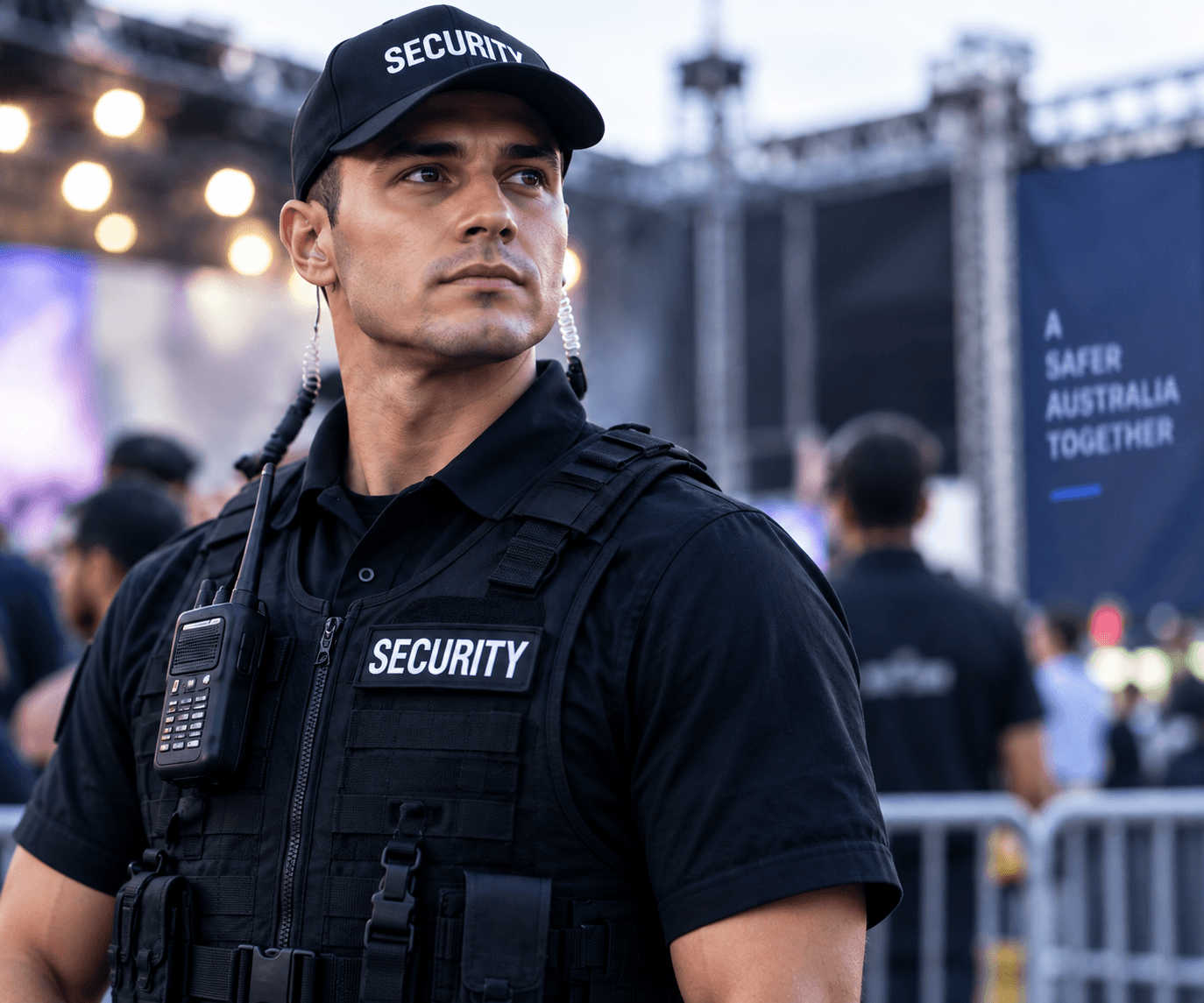 Security professional wearing a Nubius-style security uniform at an event